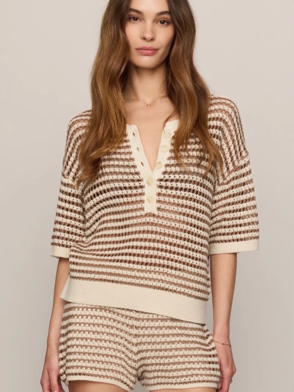 Z Supply Cream And Brown Striped Knit Henley Top